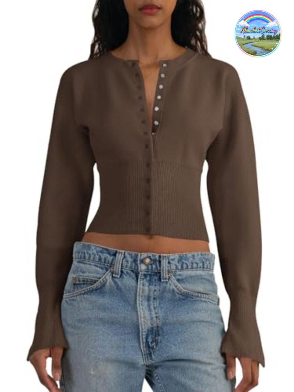Cropped V-Neck Button Down Ribbed Knit Cardigan Sweater for Women